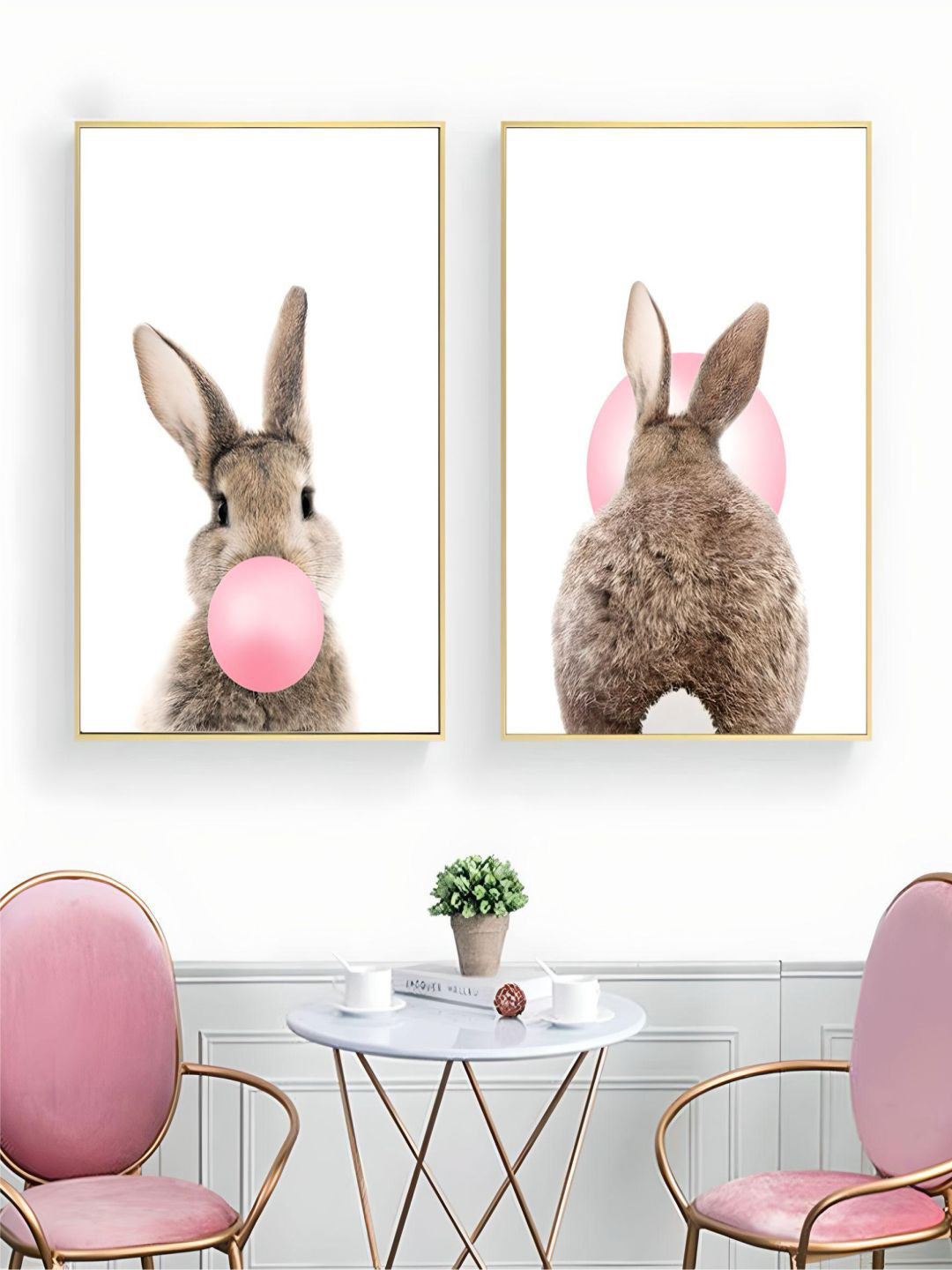 THE HANDMADE FLAIR 2 Pcs Pink & White Cute Animals Painting Framed Wall Art