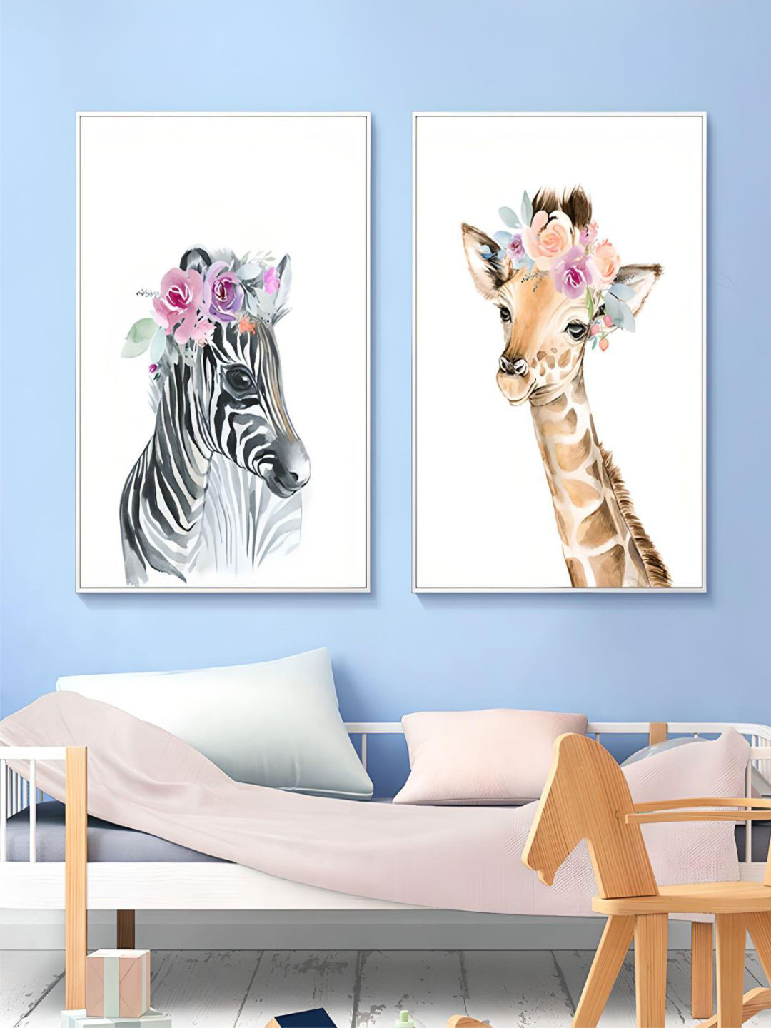 THE HANDMADE FLAIR 2-Pcs White Flower Animals Painting Wall Art