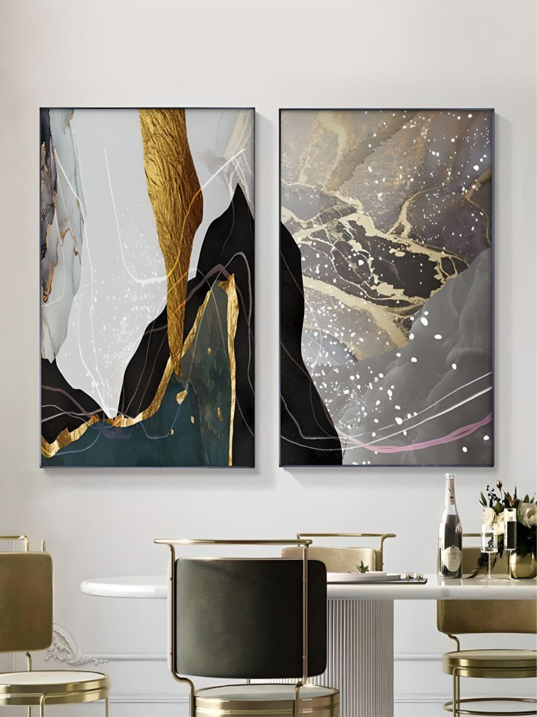 THE HANDMADE FLAIR Crystal Porcelain Grey 2 Pieces Liquid Marble Framed Painting Wall Arts