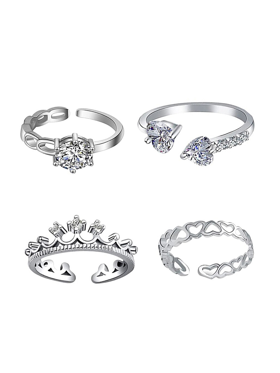 Yellow Chimes Set Of 4 Silver Plated Crystal Studded Rings