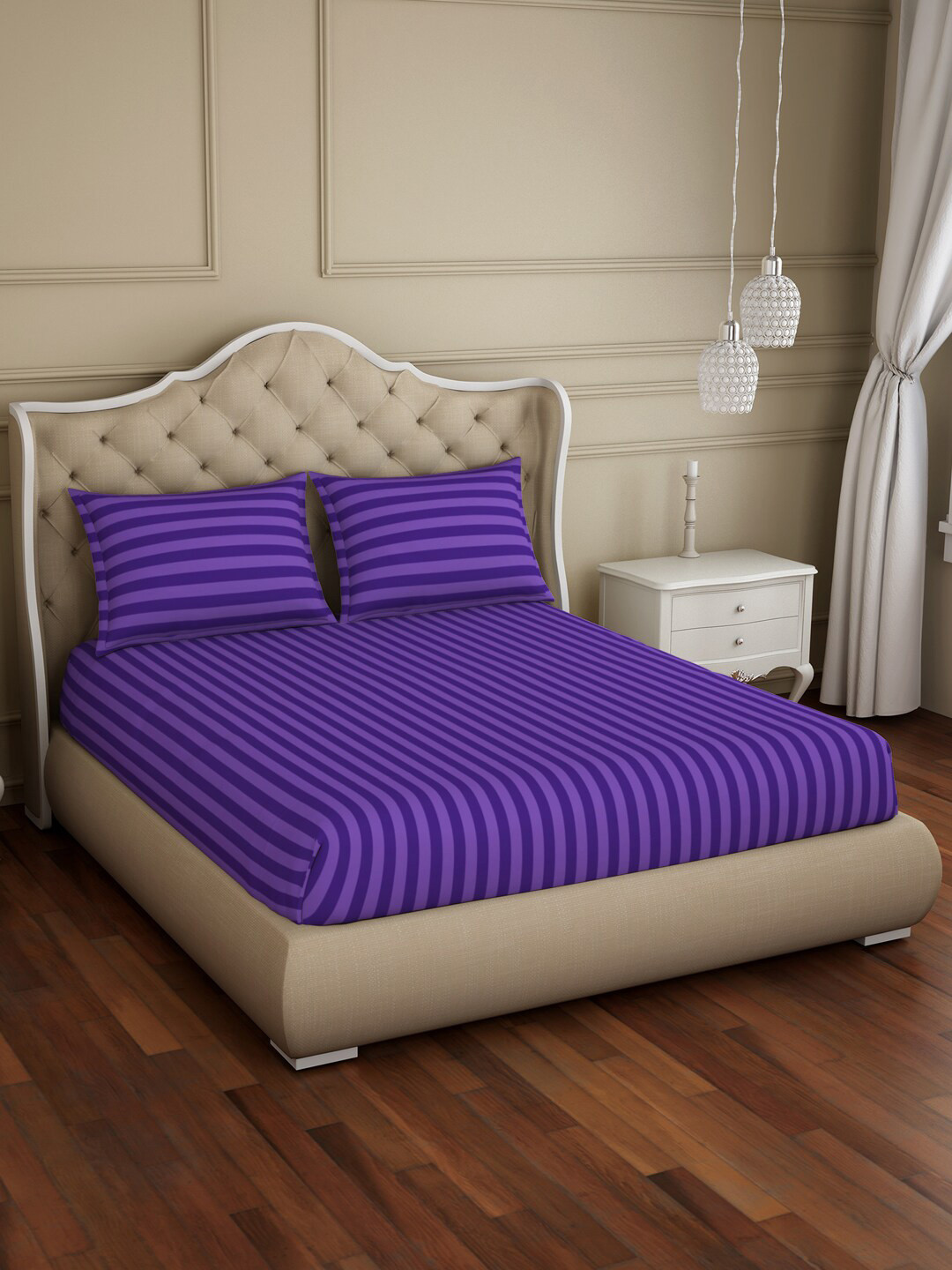 SPACES Skyrise Violet Striped Pure Cotton 210 TC King Fine Bedsheet with 2 Pillow Covers-108 x 108 inches