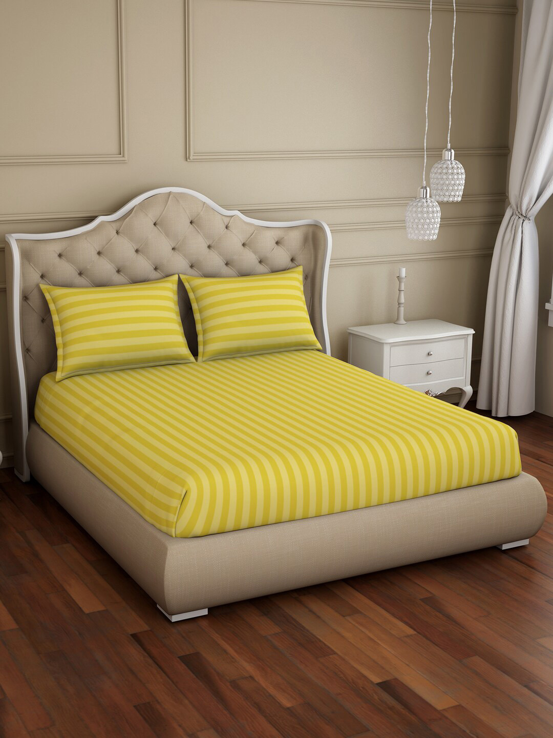 SPACES Skyrise Gold Striped Pure Cotton Breathable 210 TC King Fine Bedsheet with 2 Pillow Covers-108 x 108 inches