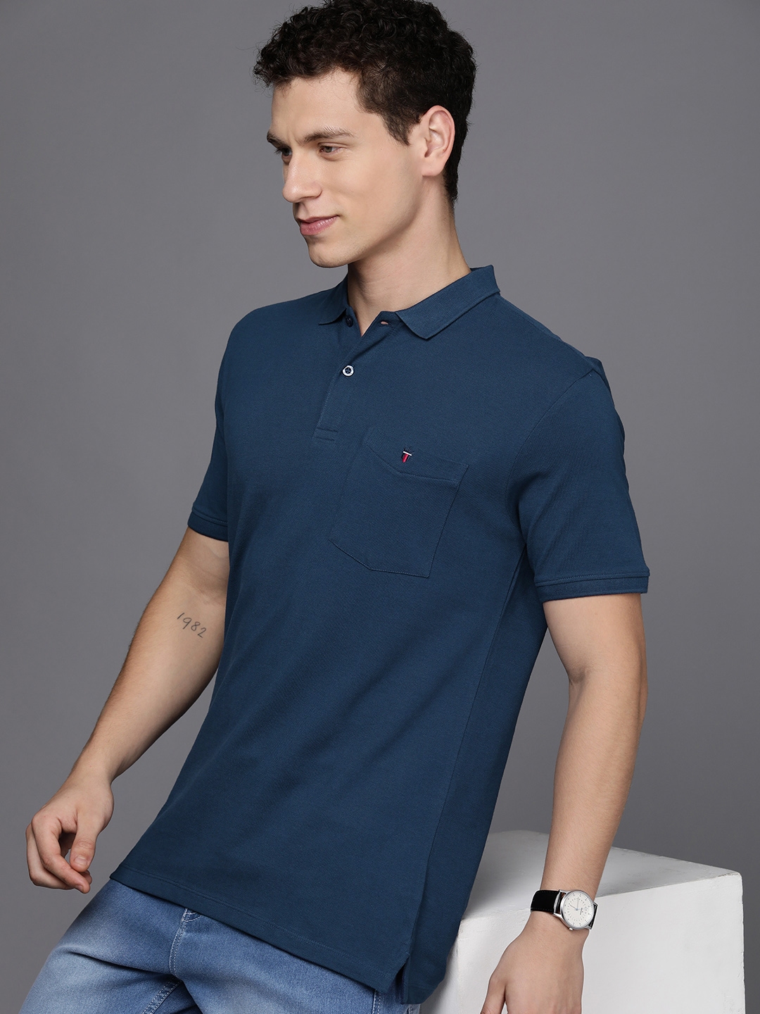 Buy Louis Philippe Men Blue Solid Polo Collar T Shirt - Tshirts