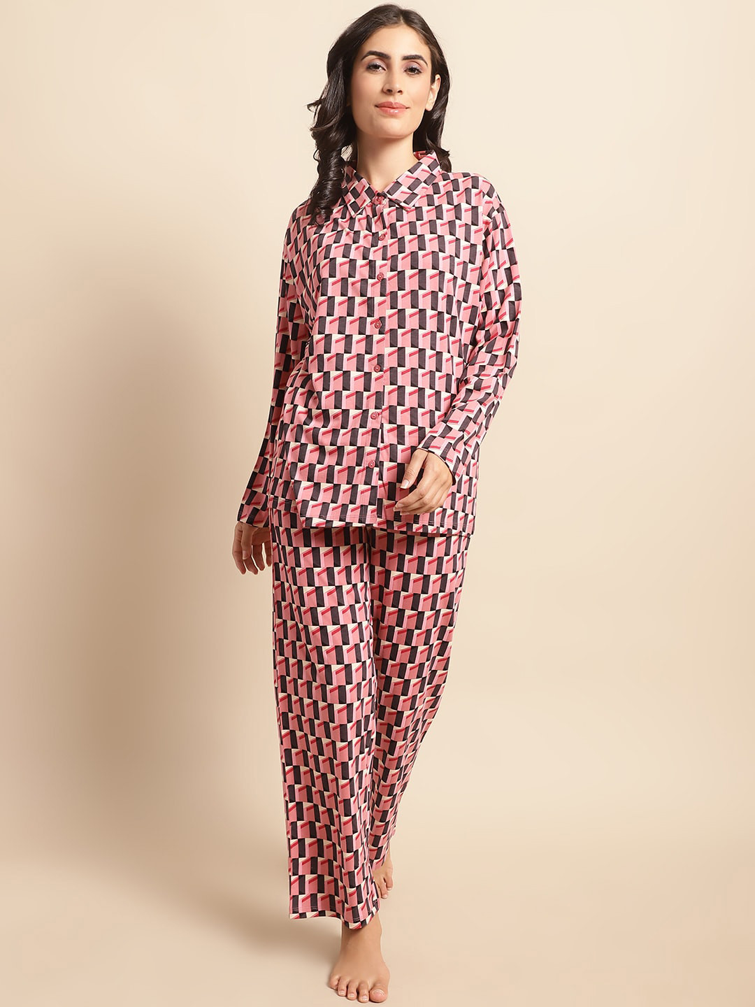 Kanvin Pink & Black Geometric Printed Modal Night Suit