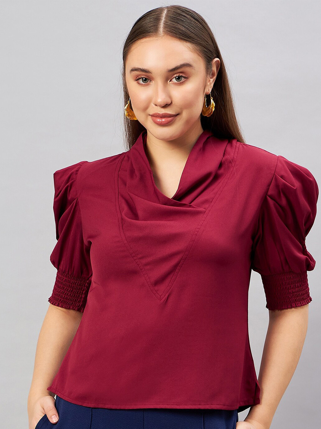 Antheaa Elit Cowl Neck Puffed Sleeves Crepe Top