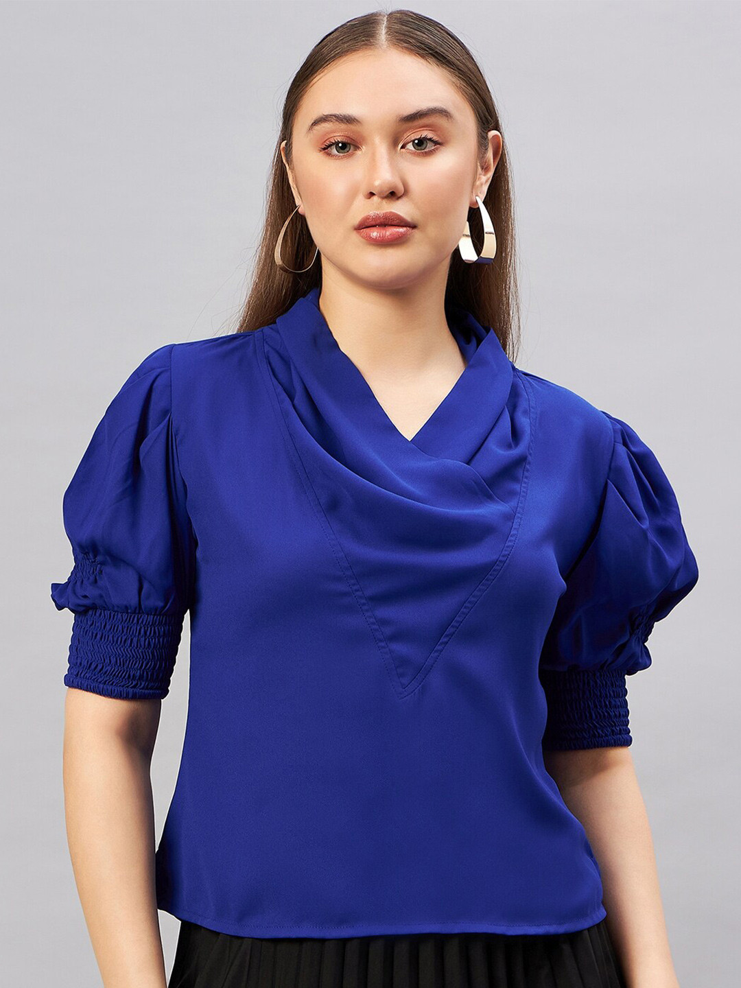 Antheaa Elit Cowl Neck Puffed Sleeves Crepe Top