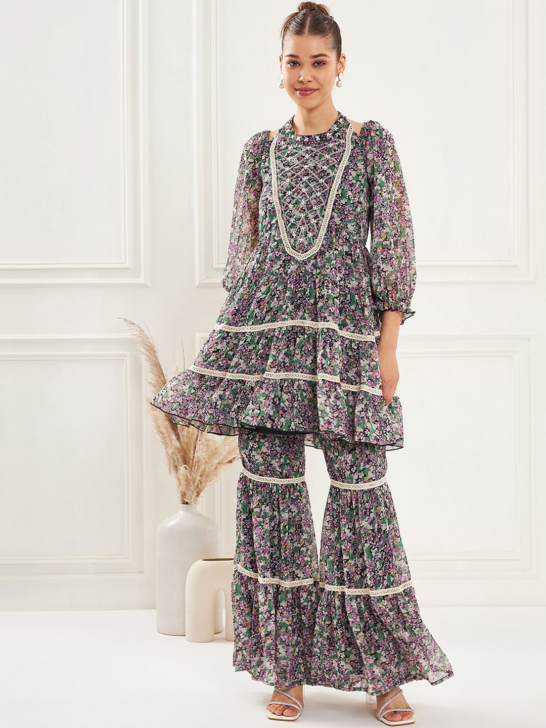 Antheaa Floral Printed Lace Insert Top & Sharara