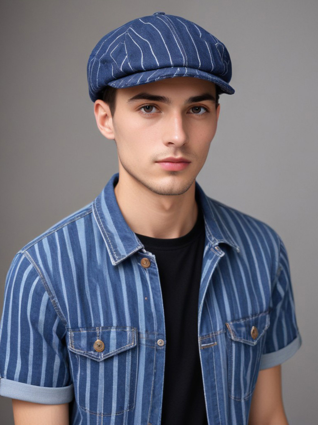 CHOKORE Men Striped Denim Ivy Flat Cap