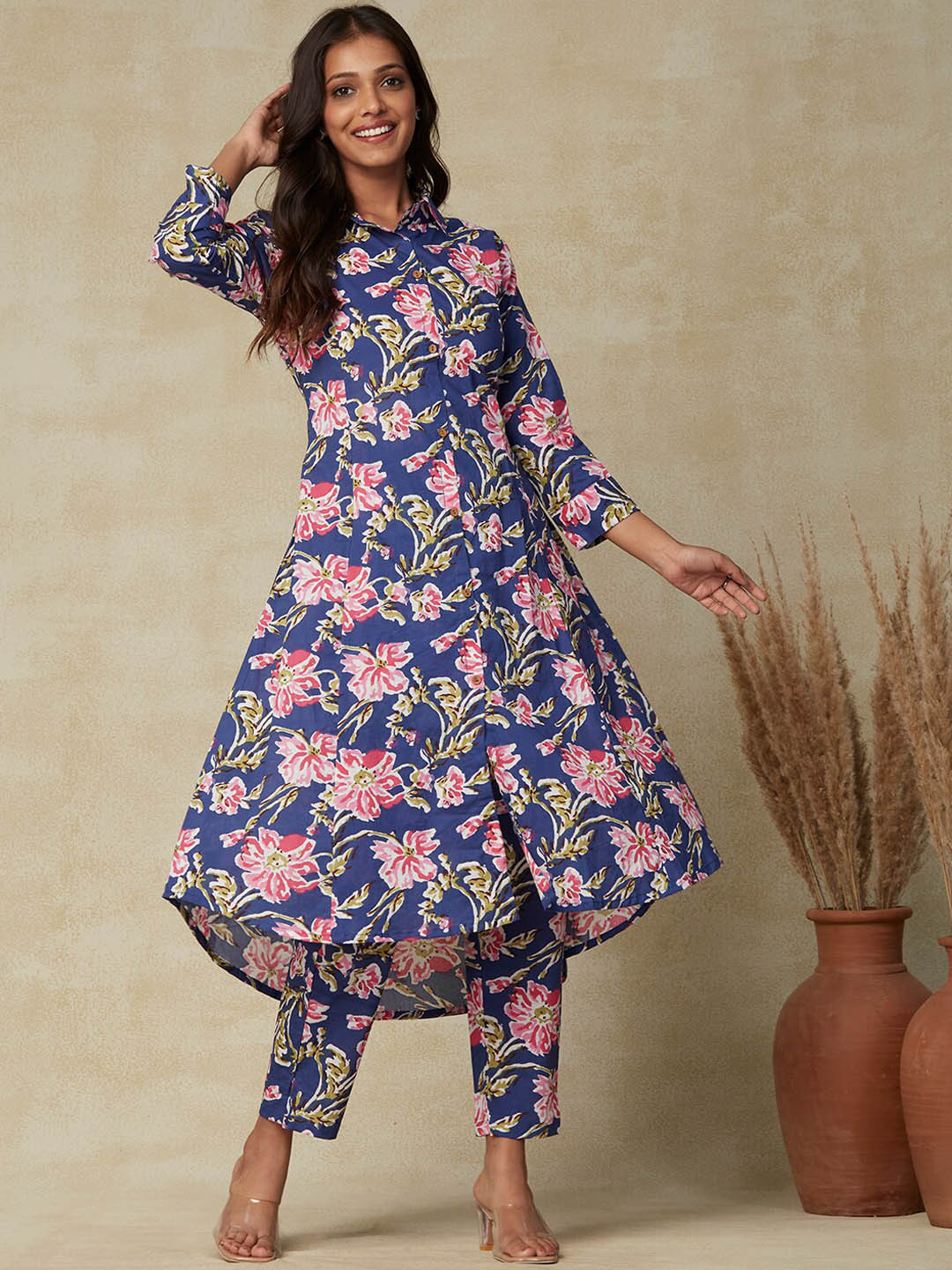 FASHOR Blue Floral Printed Shirt Collar Panelled High-Low Pure Cotton Kurta With Trousers