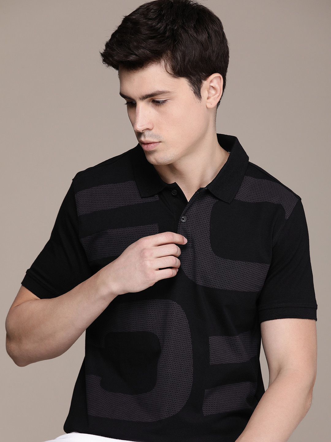 French Connection Men Brand Logo Printed Polo Collar Pure Cotton T-shirt