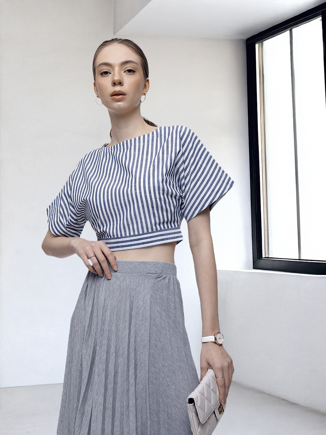 French Connection Striped Pure Cotton Styled Back Crop Top With Tie-ups Detail