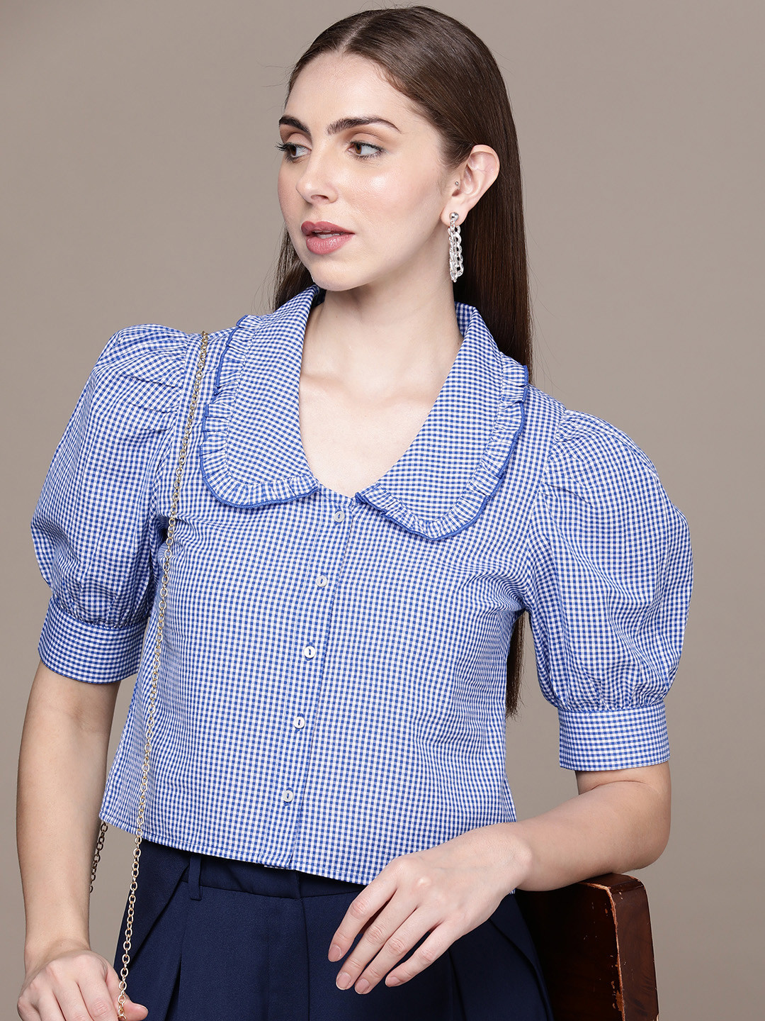French Connection Pure Cotton Gingham Checks Peter Pan Collar Casual Shirt