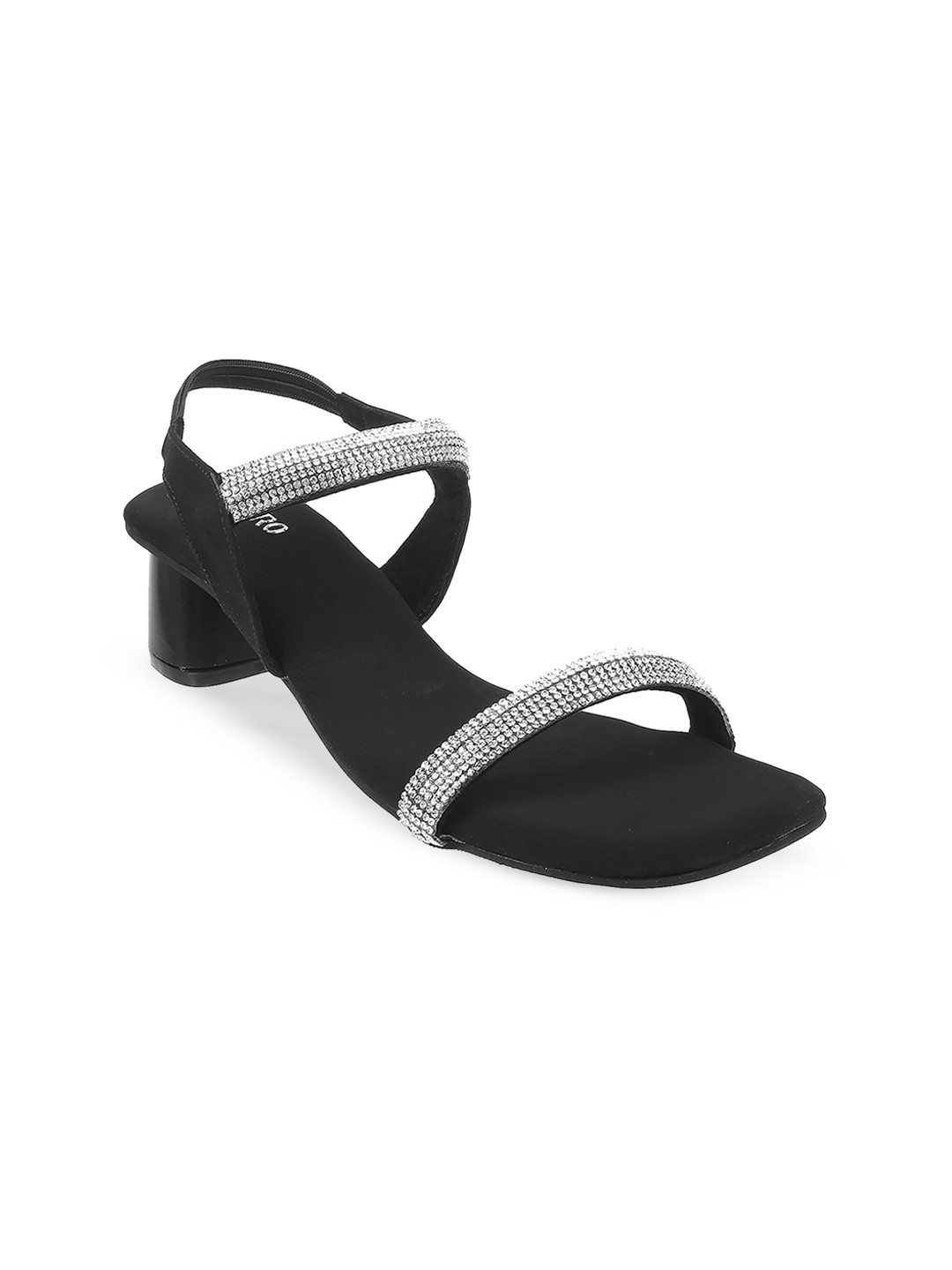 Metro Womens Black & Silver-Toned Embellished Open Toe Straps Block Heel Sandal