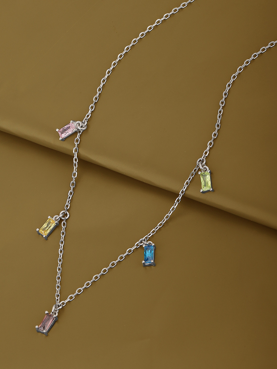 Carlton London Silver Toned Rhodium Plated Classic Necklace with dangling multi-color CZ