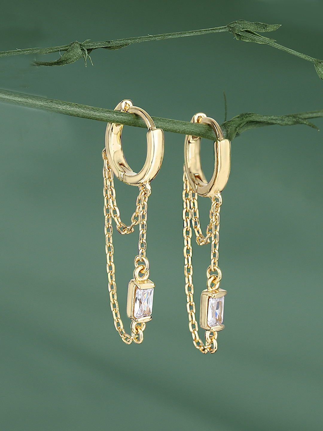 Carlton London 18Kt Gold Plated Hoop Earrings With dangling double chain & CZ