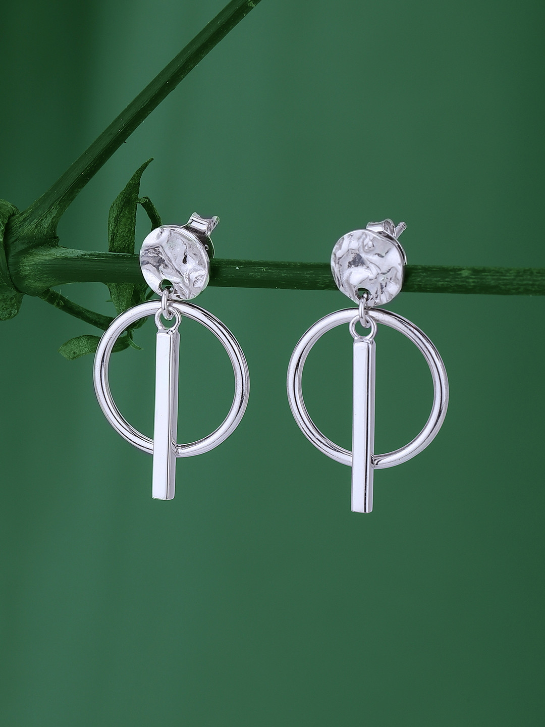 Carlton London Silver Toned Rhodium Plated textured Drop Earrings with dangling Bar