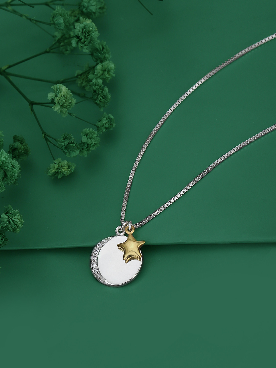 Carlton London Silver Toned Rhodium Plated Crescent Pendant with Gold Star & Chain