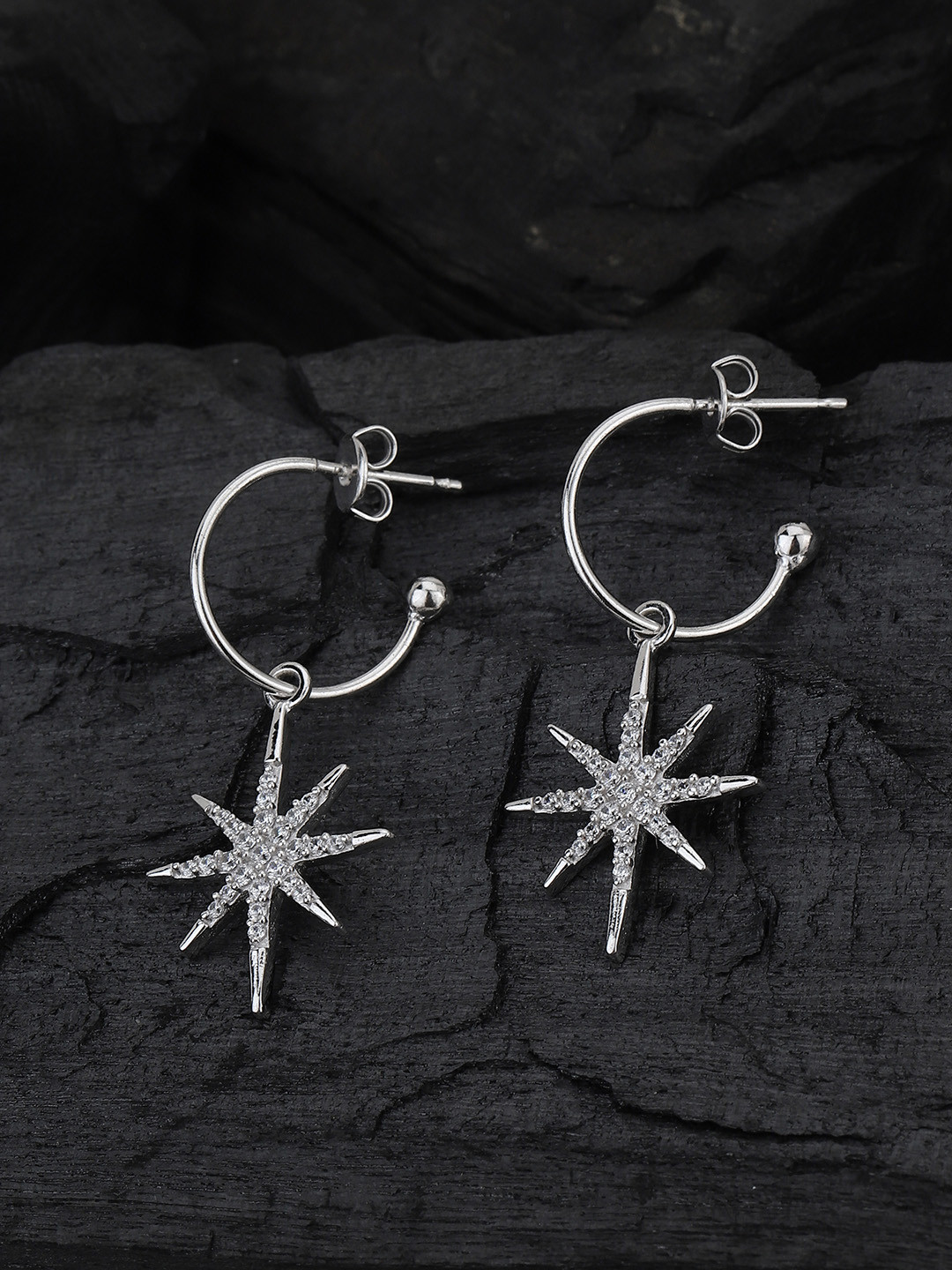 Carlton London Silver Toned Rhodium Plated Starburst Drop Earrings