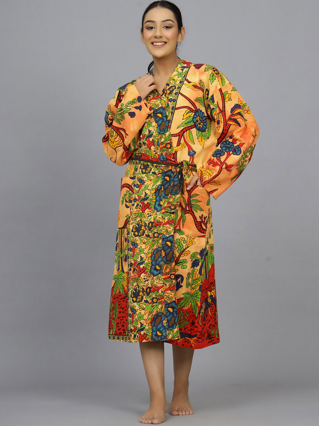 HANDICRAFT PALACE Tree of Life, Summer Orange Floral Cotton Drawstring Midi Bath Robe