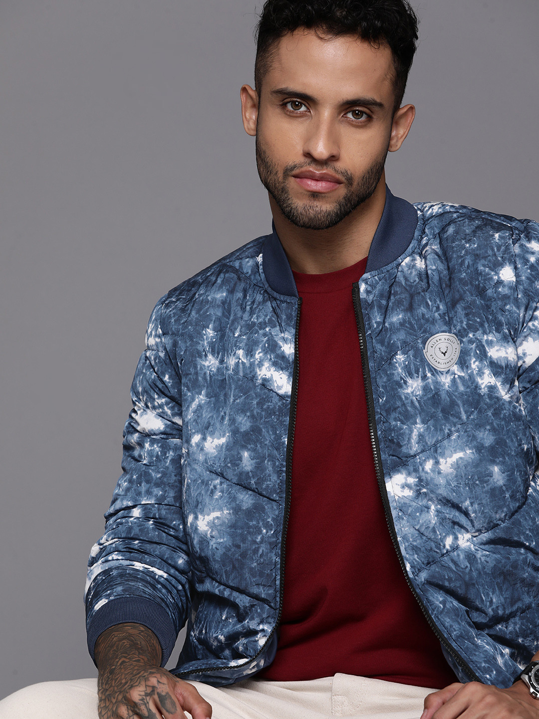 Allen Solly Tie-Dye Printed Stand Collar Padded Bomber Jacket