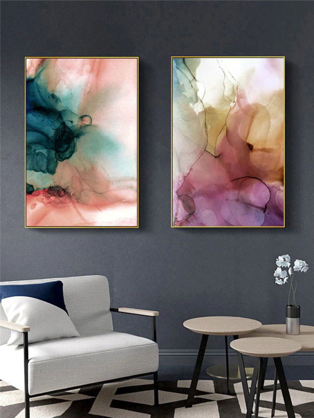 THE HANDMADE FLAIR Crystal Porcelain White & Purple 2 Pieces Abstract Watercolor Wall Art
