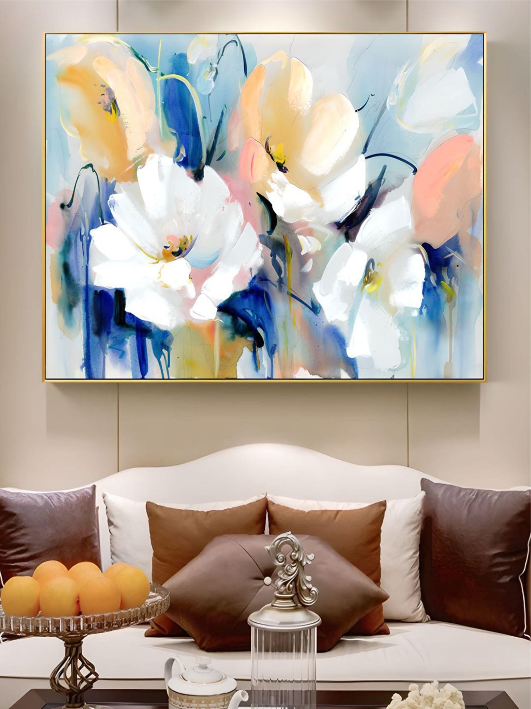 THE HANDMADE FLAIR Crystal Porcelain White & Blue Big Floral Abstract Painting Wall Art