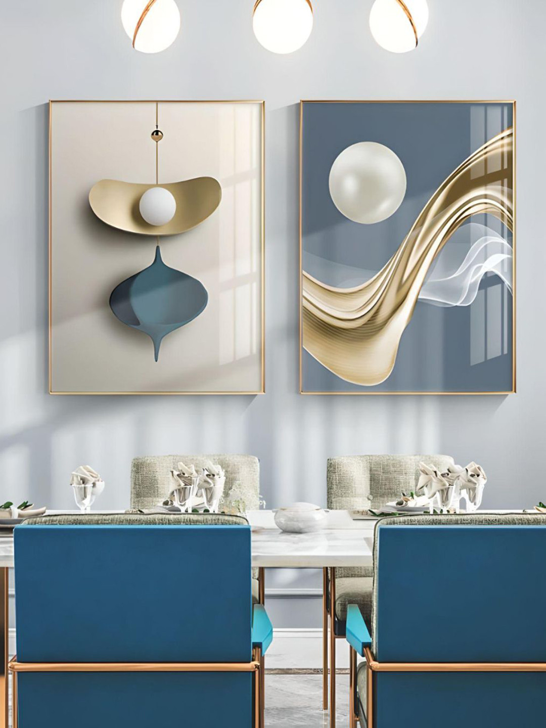 THE HANDMADE FLAIR Crystal Porcelain Beige & Blue 2 Pieces Abstract Painting Wall Art