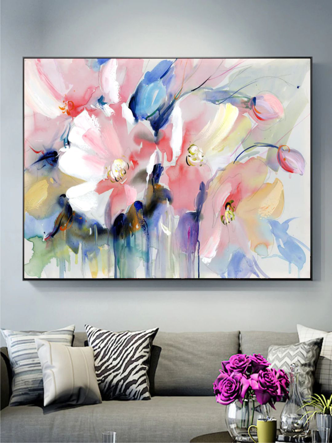 THE HANDMADE FLAIR Crystal Porcelain Pink & Blue Floral Abstract Painting Wall Art