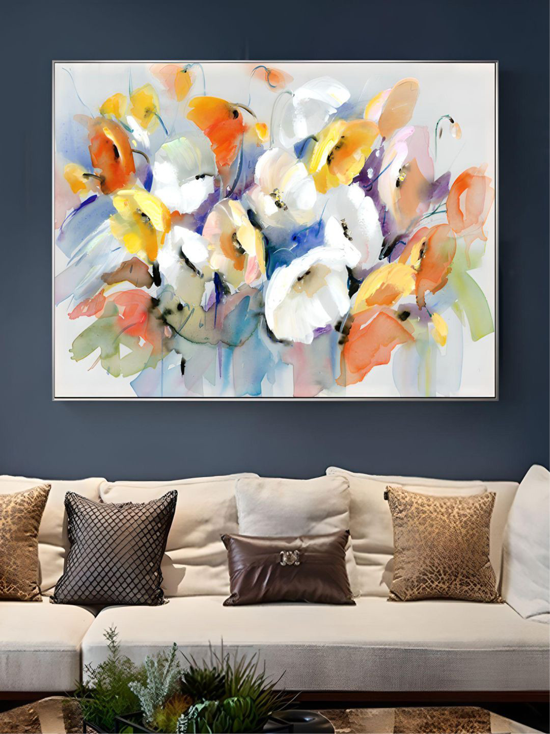 THE HANDMADE FLAIR White & Yellow Crystal Porcelain Big Floral Nordic Painting Wall Art