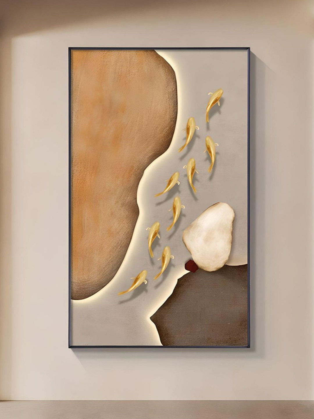 THE HANDMADE FLAIR Beige & Brown Golden Fish Painting Wall Art
