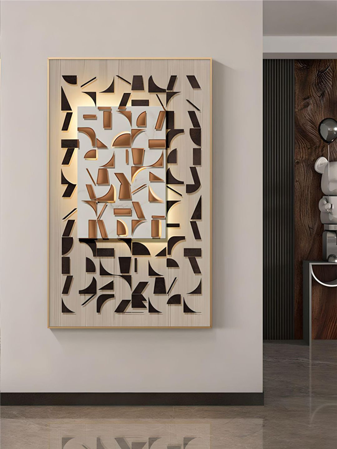 THE HANDMADE FLAIR Beige & Brown Crystal Porcelain Geometric Abstract Wall Art