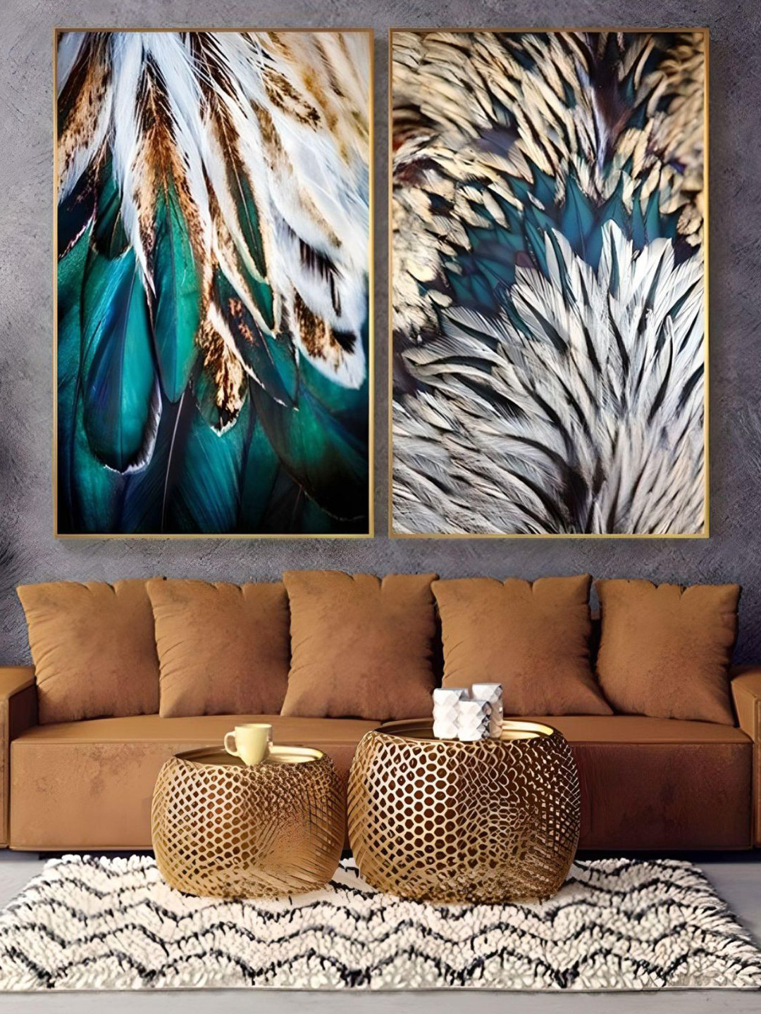THE HANDMADE FLAIR Crystal Porcelain Blue 2 Pieces Abstract Feathers Painting Wall Art