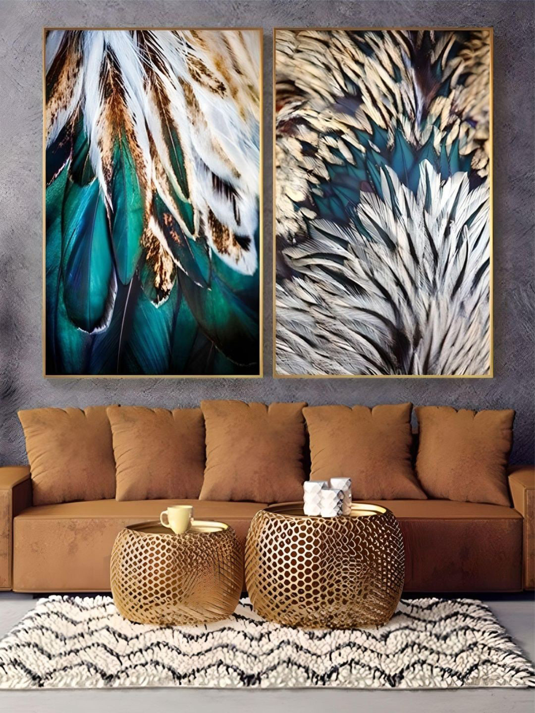 THE HANDMADE FLAIR  Crystal Porcelain Teal Blue 2-Pieces Feathers Painting Wall Art