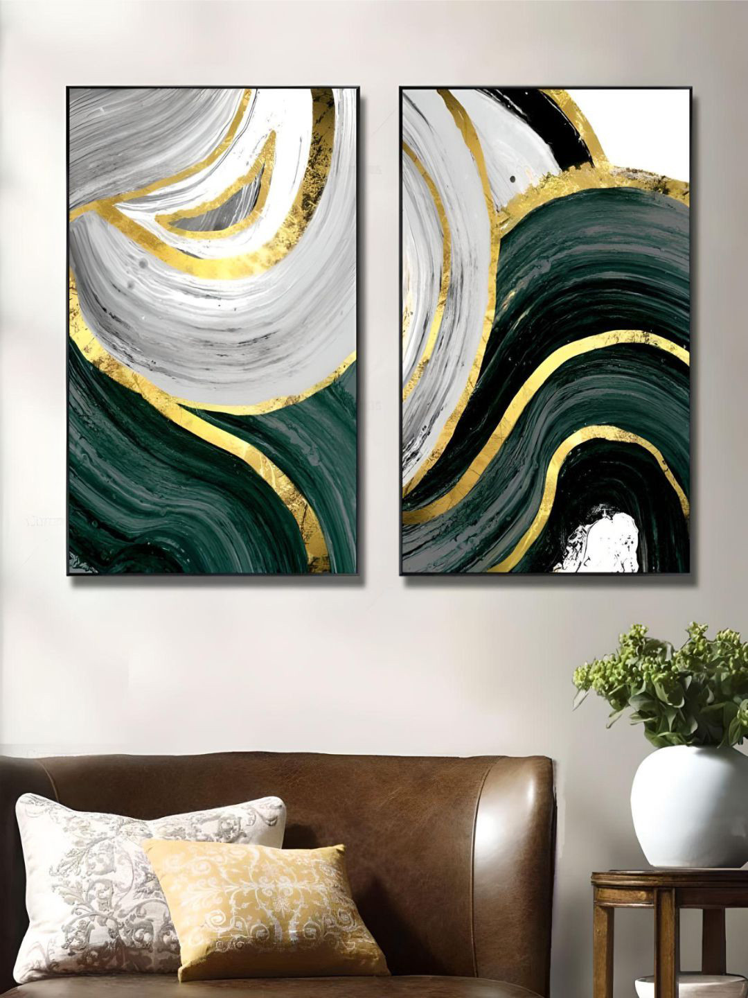 THE HANDMADE FLAIR 2-Pcs Green & Grey Crystal Porcelain Abstract Marble Painting Wall Art