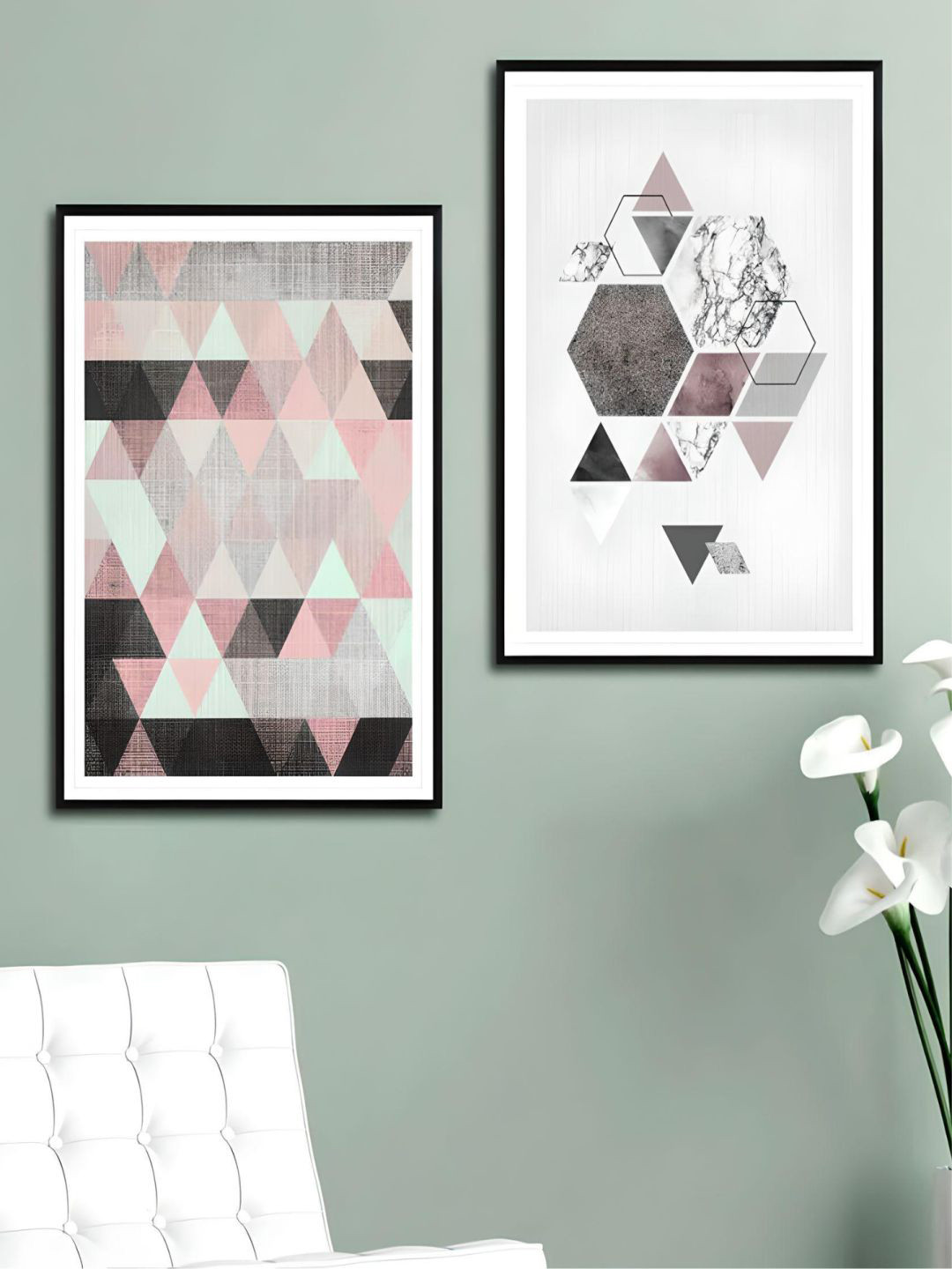 THE HANDMADE FLAIR Crystal Porcelain Pink & White 2-Pieces Geometric Painting Wall Art