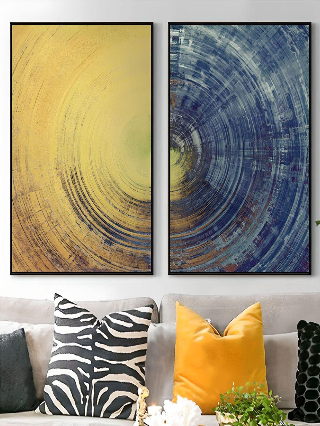 THE HANDMADE FLAIR Crystal Porcelain Yellow & Blue 2-Pieces Abstract Painting Wall Art