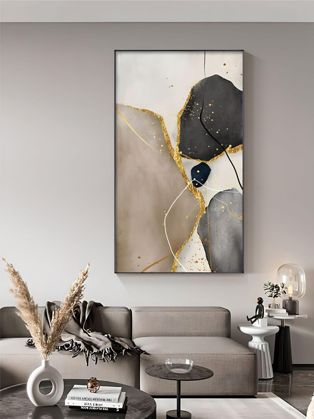 THE HANDMADE FLAIR Black & Beige Geomorphic Printed Framed Wall Art