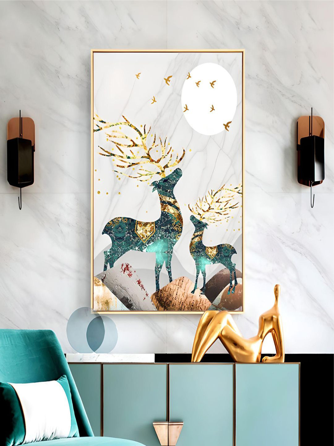THE HANDMADE FLAIR Crystal Porcelain White Magical Nordic Moonlight Deer Painted Wall Art