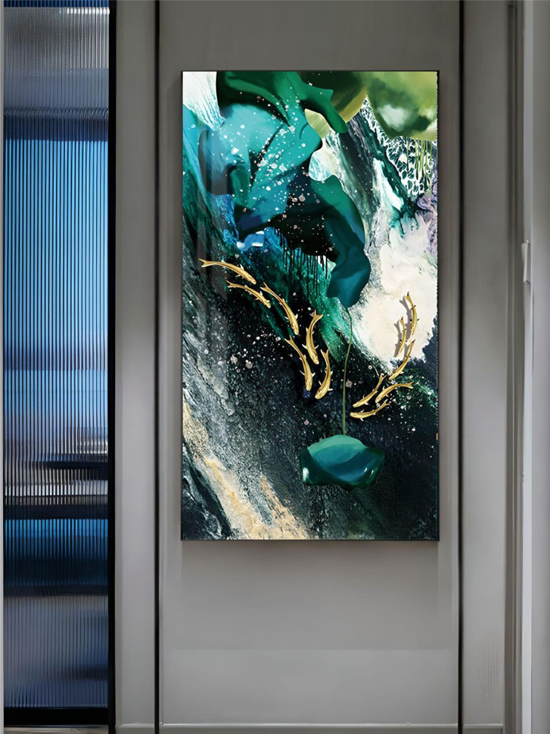 THE HANDMADE FLAIR Crystal Porcelain Blue & White Lucky Fish Painted Framed Wall Art