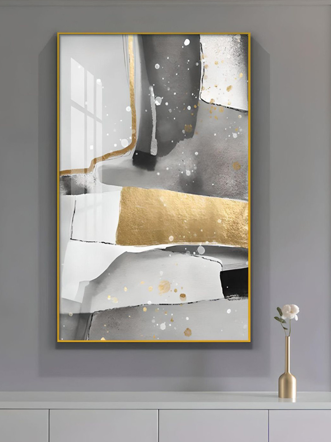 THE HANDMADE FLAIR Grey & Golden Elements Abstract Painting Wall Art