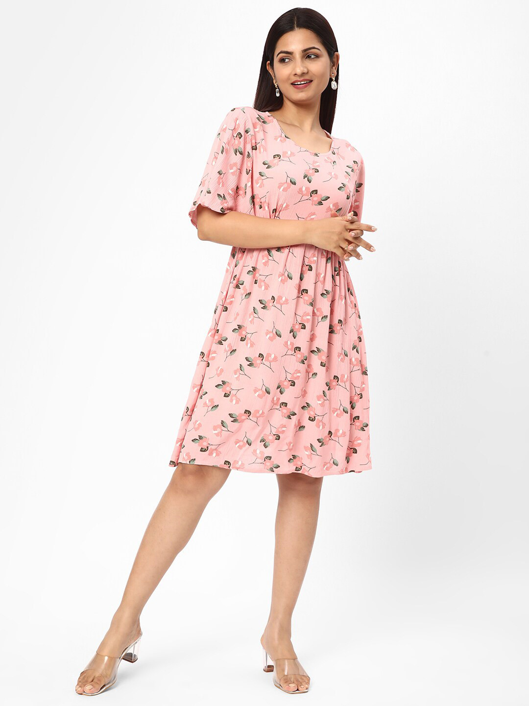 R&B Pink Floral Printed Flared Sleeve Gather Detail A-Line Dress