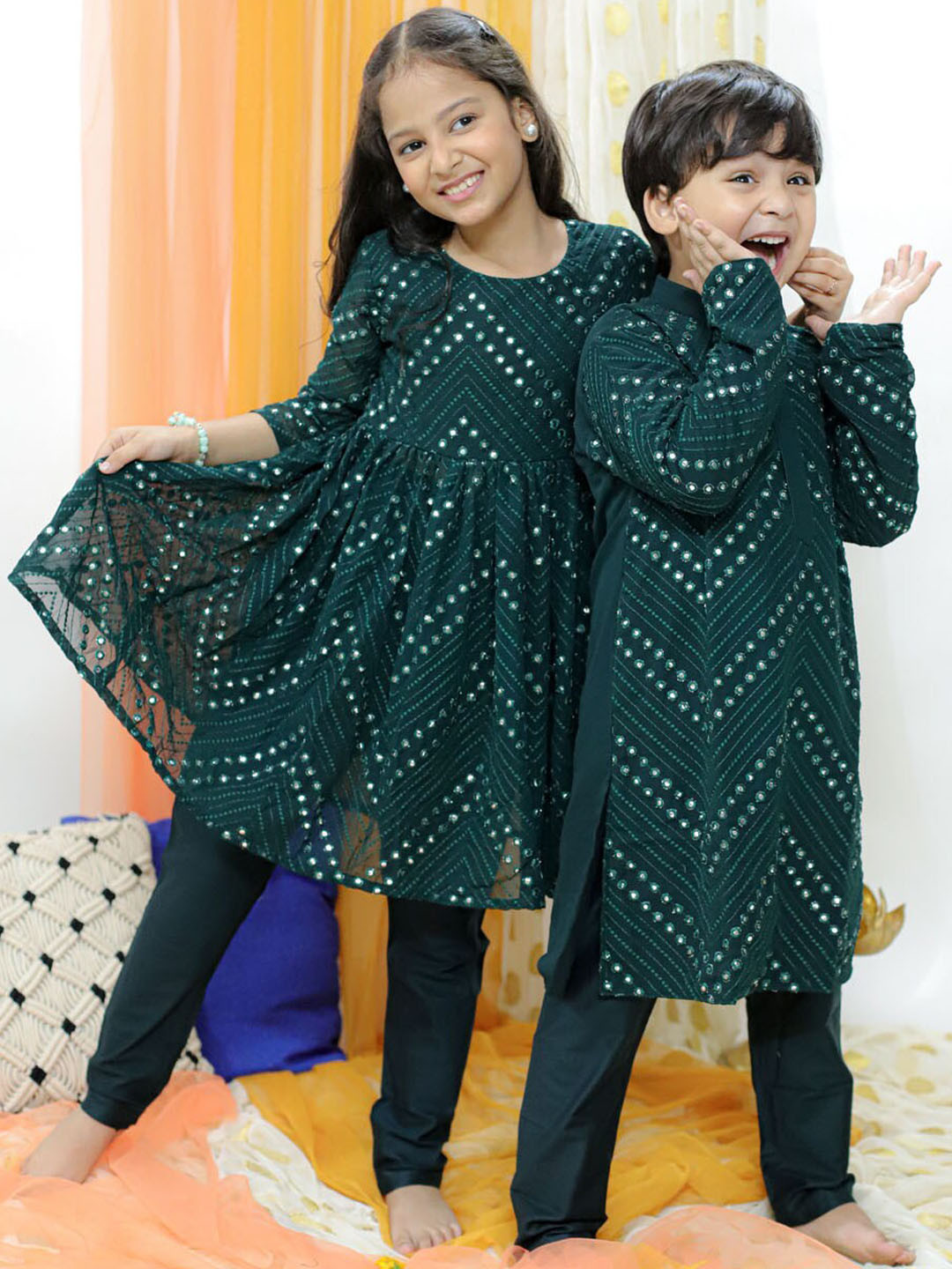 VASTRAMAY Girs Embroidered Mirror Work Round Neck A-Line Kurta With Trousers