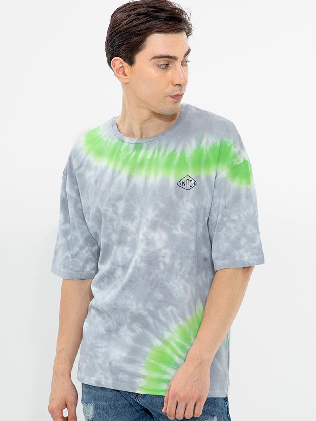 Snitch Grey & Green Dyed Drop-Shoulder Sleeves Round Neck Cotton T-shirt