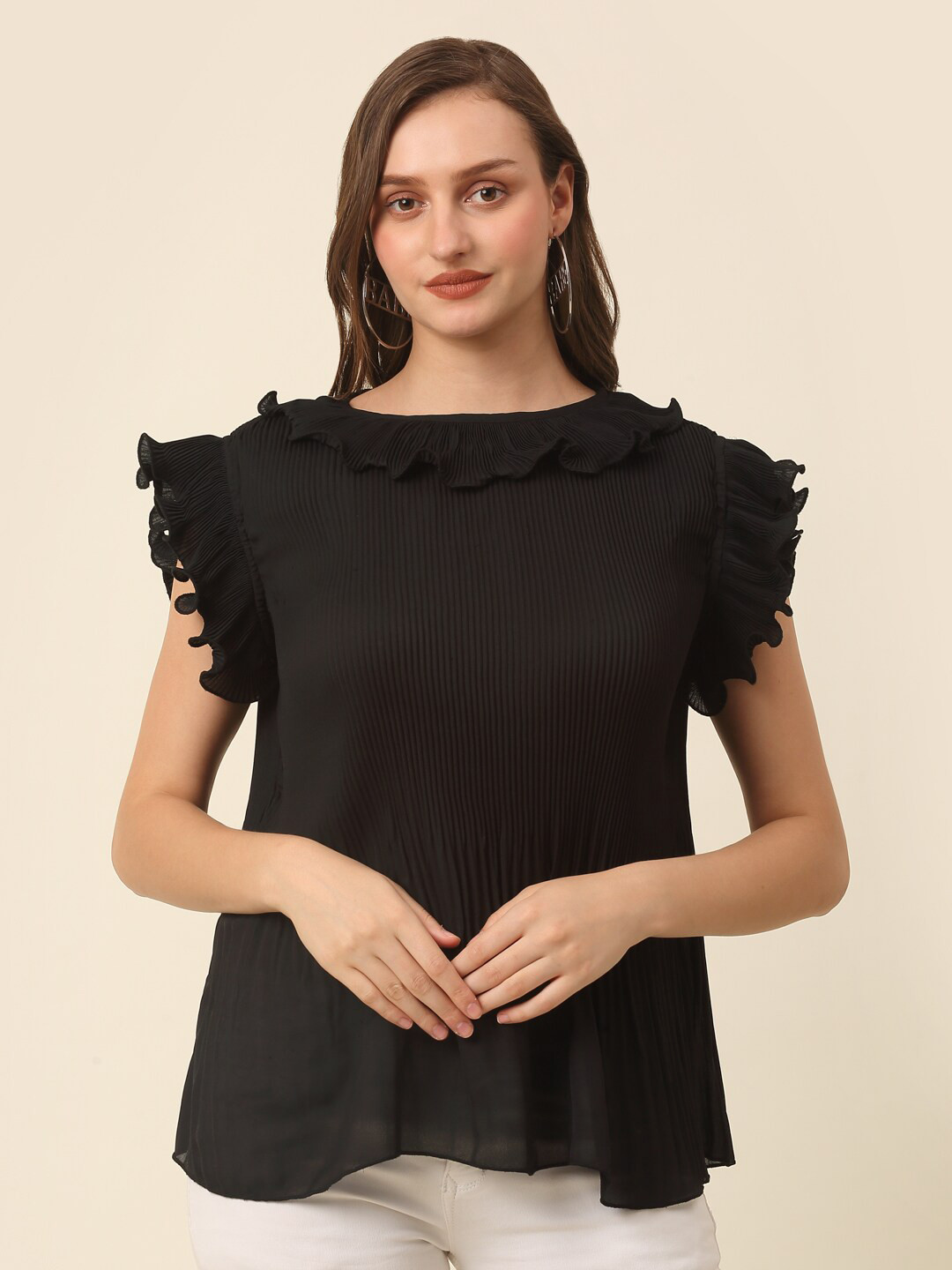 plusS Black Flutter Sleeve Ruffles Top