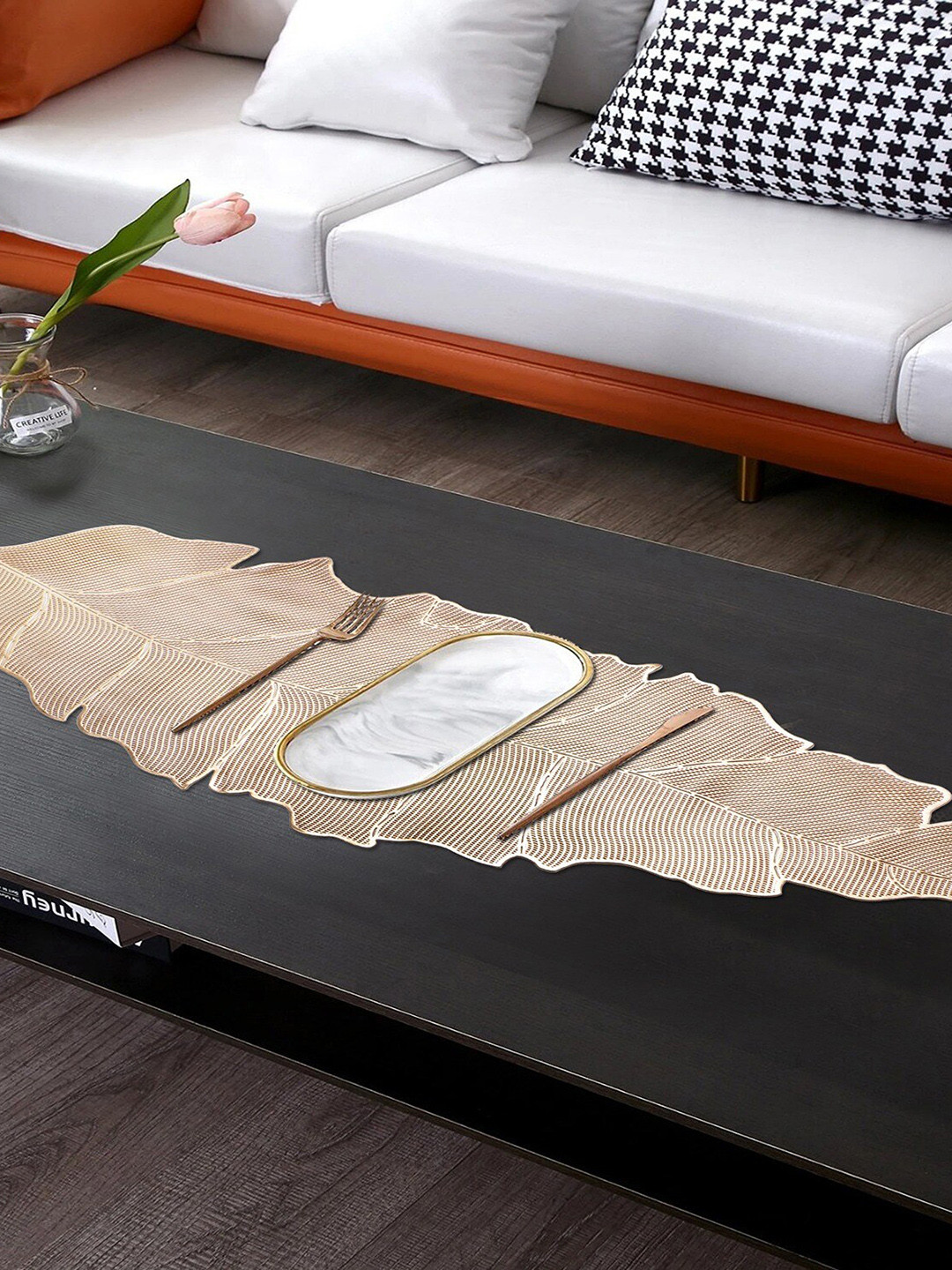 Dakshya Industries Golden Leaf Shaped PVC Table Runner