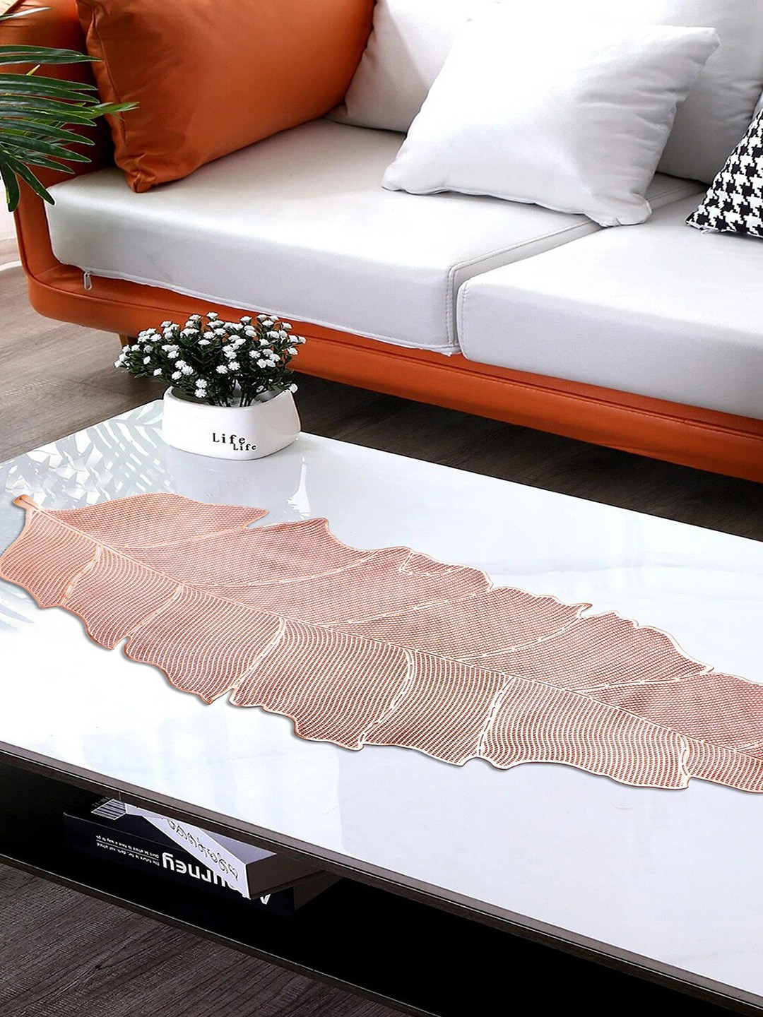 Dakshya Industries Copper Toned Leaf Shape Soft Table Runner