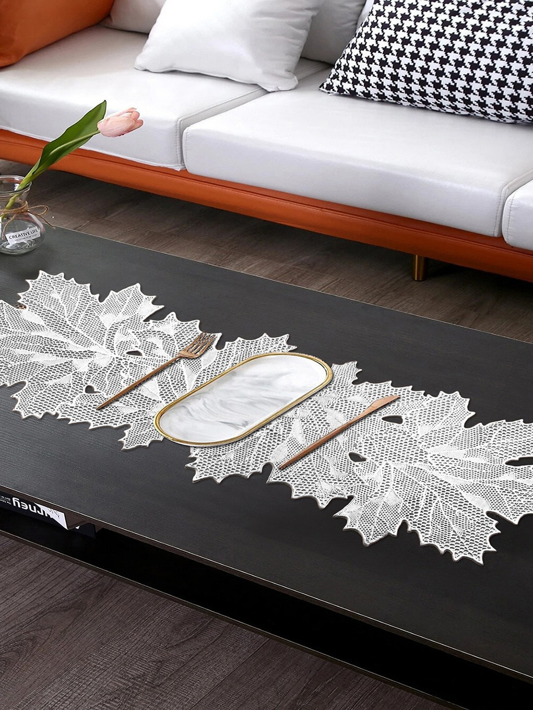 Dakshya Industries Silver-Toned Leaf Shaped PVC Table Runner