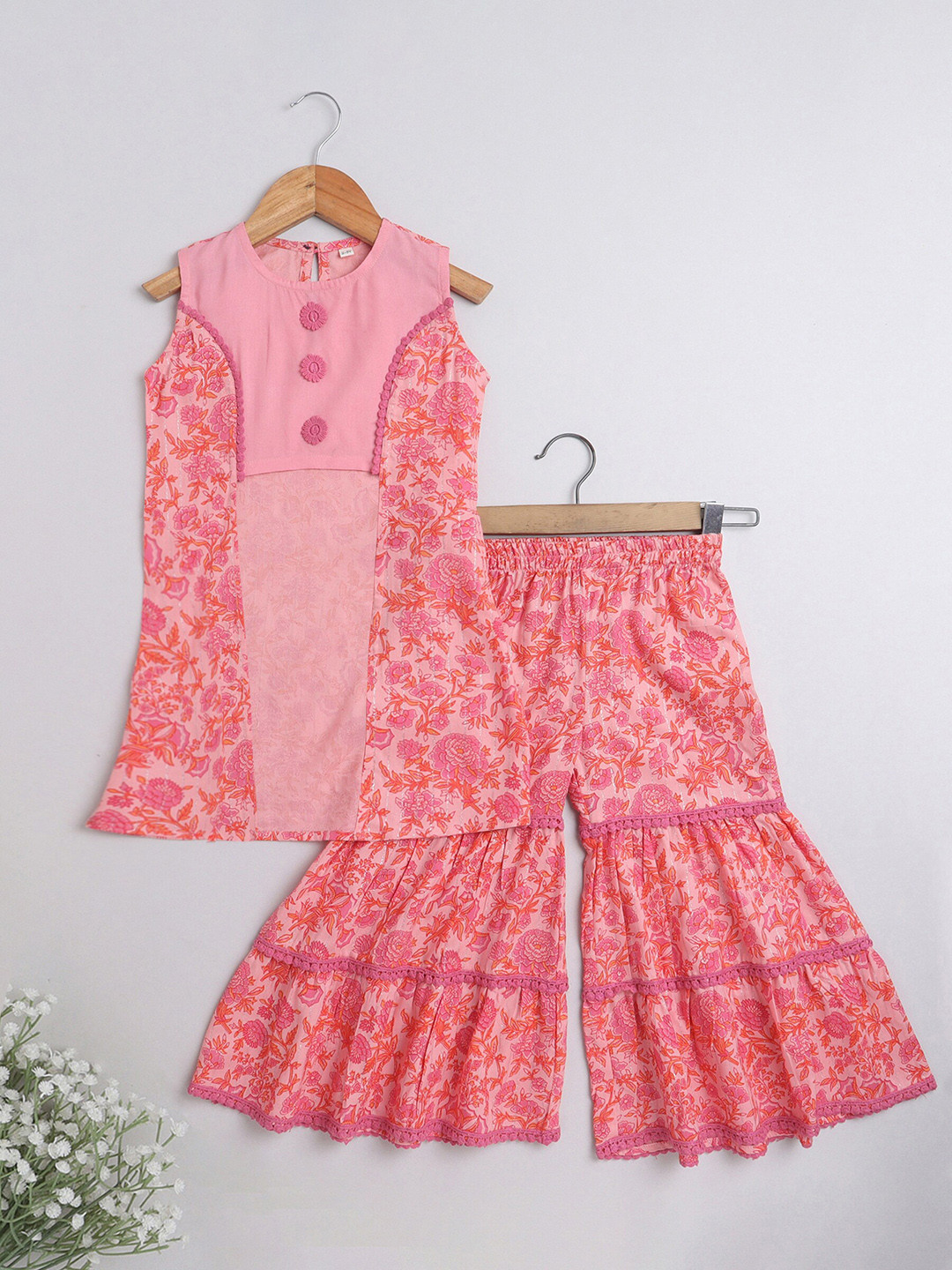 The Magic Wand Girls Pink & Peach Floral Printed High Slit Pure Cotton Kurta With Sharara