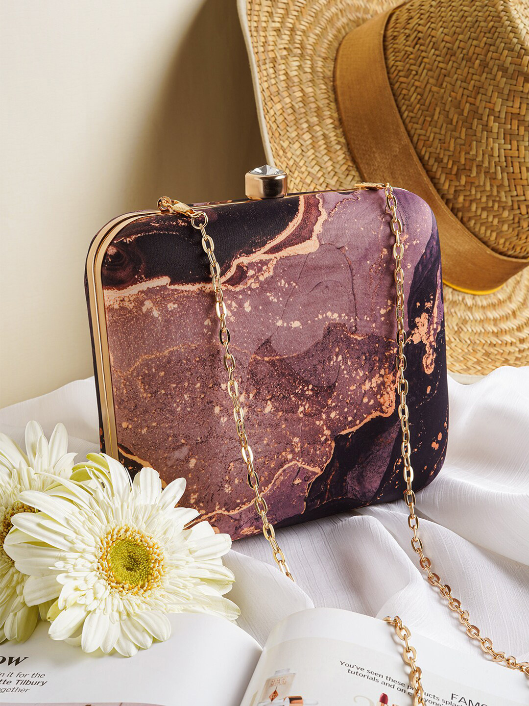 JOKER & WITCH Pink & Black Printed Box Clutch With Shoulder Strap