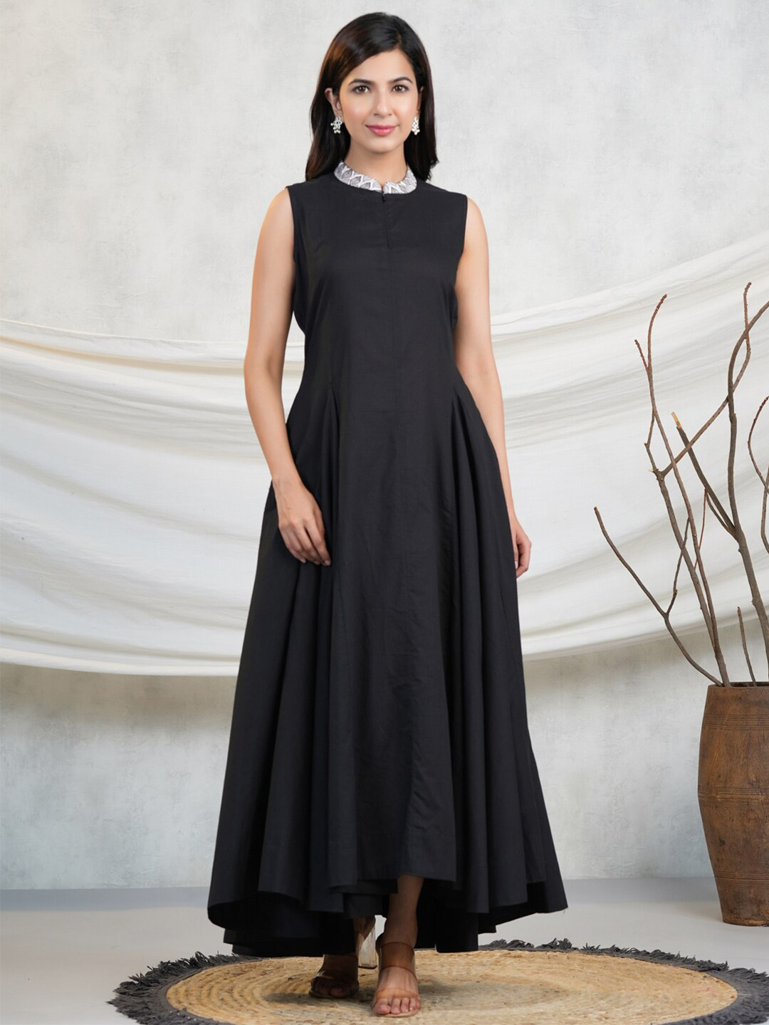 Adveta Mandarin Collar Cotton Maxi Dress